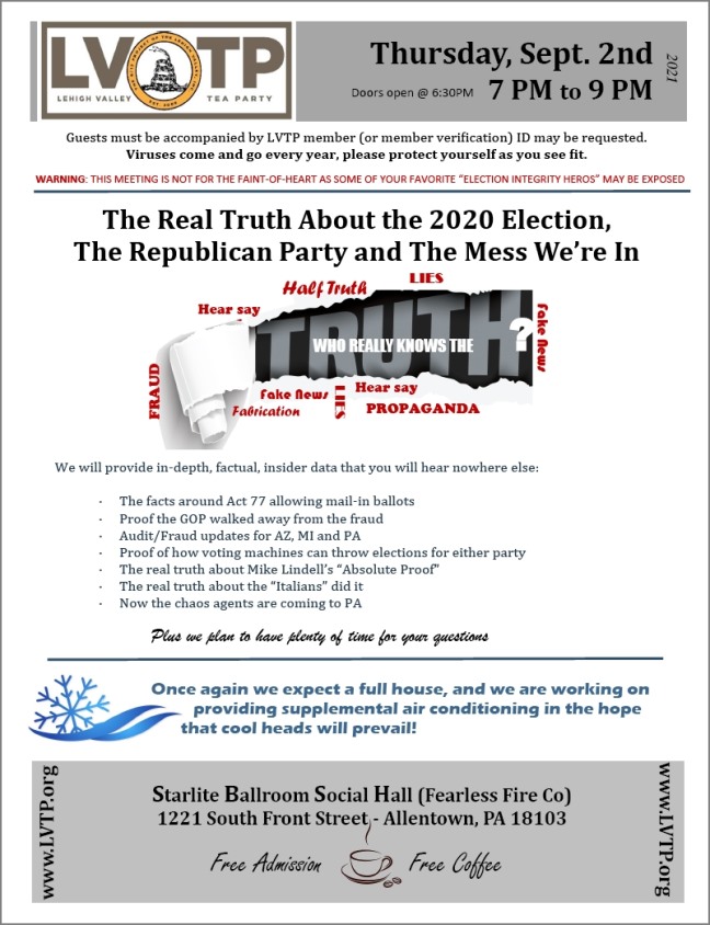 Sept 2 – Monthly Meeting – Lehigh Valley Tea Party